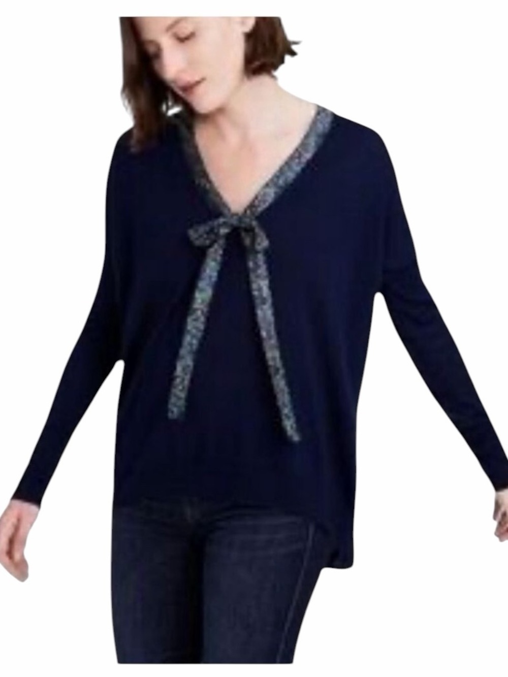 J. Crew Abigail Borg Merino Wool V Neck Tie Sweater Large Navy Blue Classic